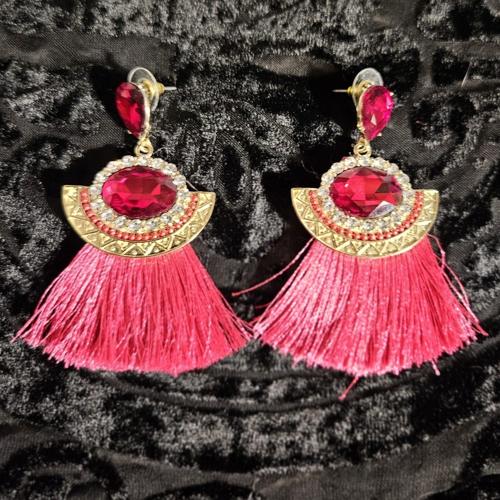 Red Ruby, Diamond, and Fringe Statement Earrings - Picture 4 of 5